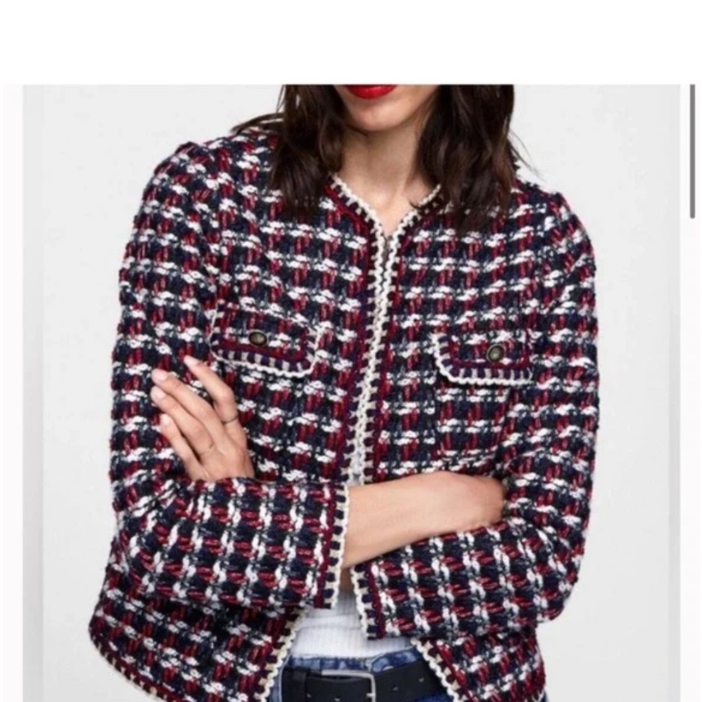 Zara Basic Womens Academia Preppy Tweed Career Americana Blazer Jacket Size L